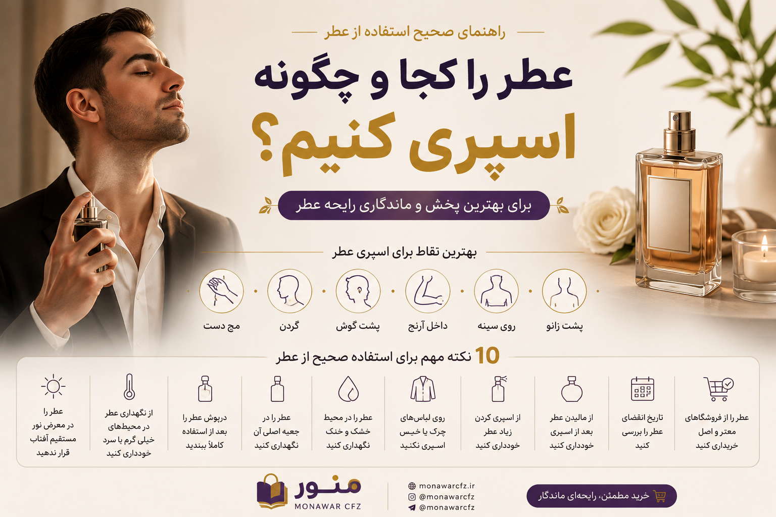 عطر را کجا و چگونه اسپری کنیم؟ راهنمای صحیح استفاده از عطر برای بهترین پخش رایحه