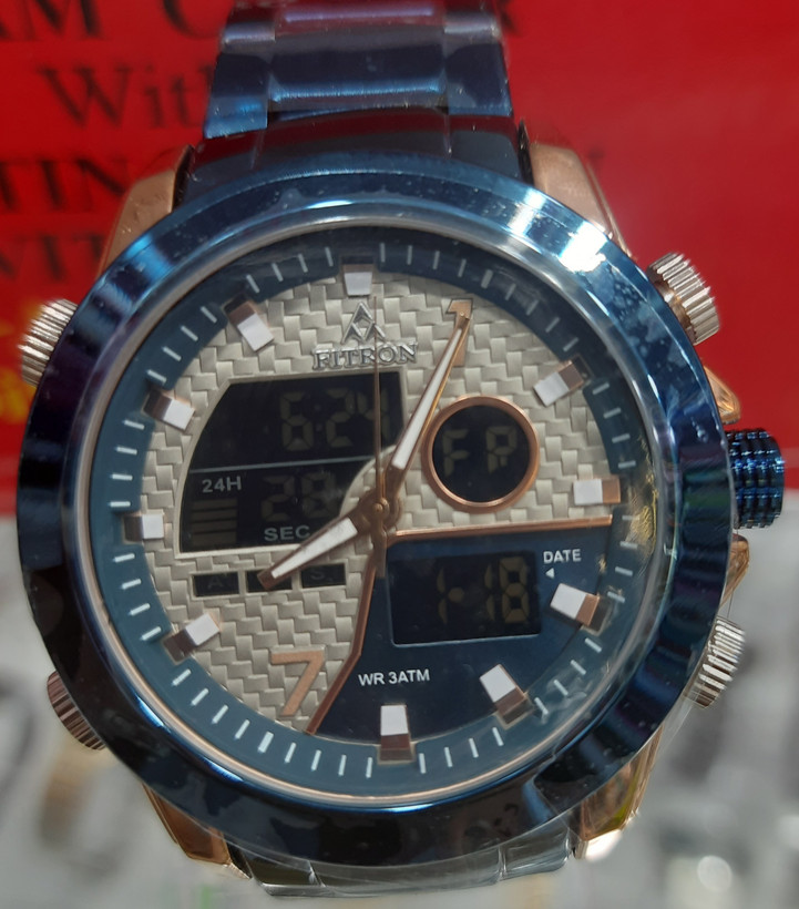 ساعت فیترون دو زمانه بند استیل مقاومت در برابر آب رنگ آبی مدل FT-19025M